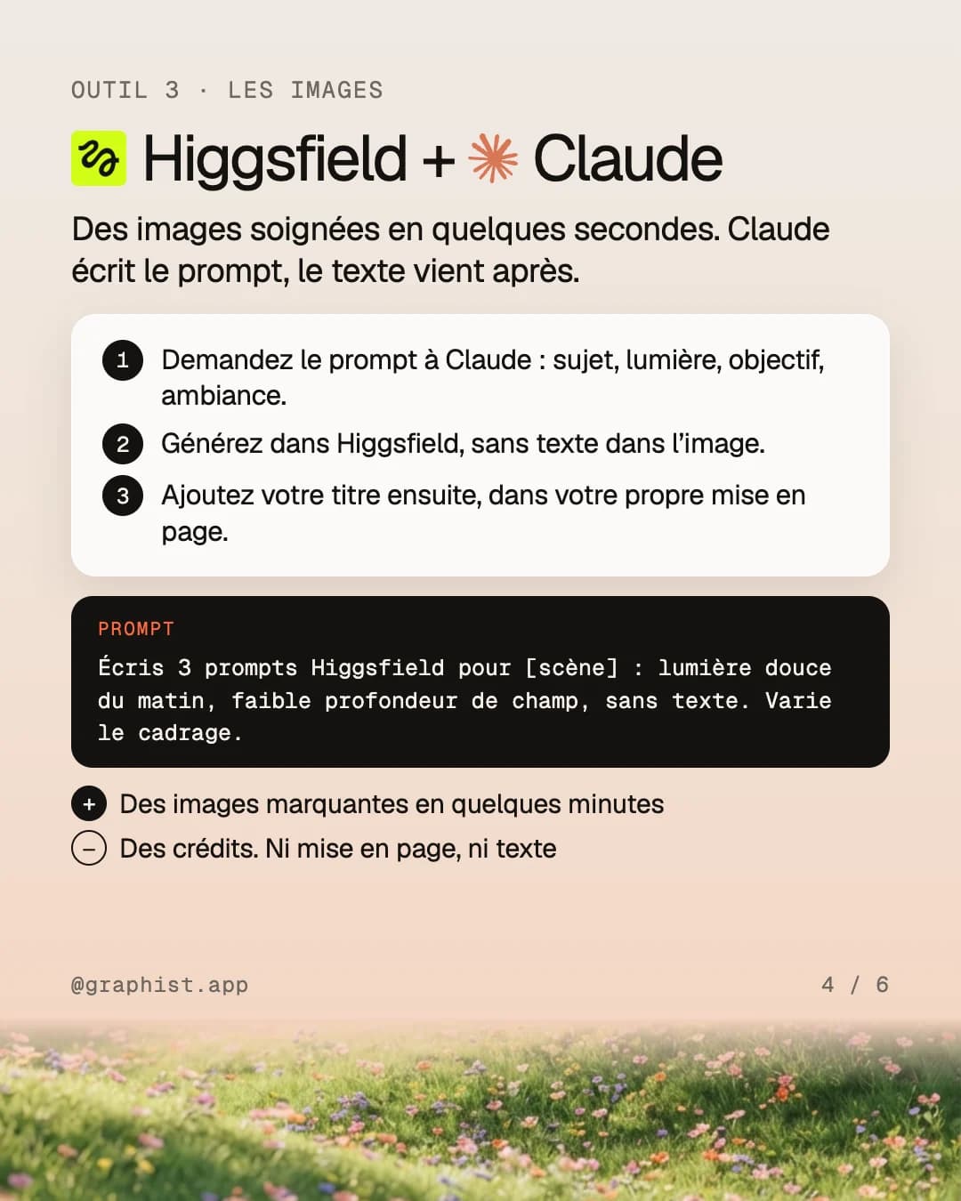 Higgsfield + Claude : Claude écrit le prompt d’image, le texte vient après, trois étapes, un prompt à copier.