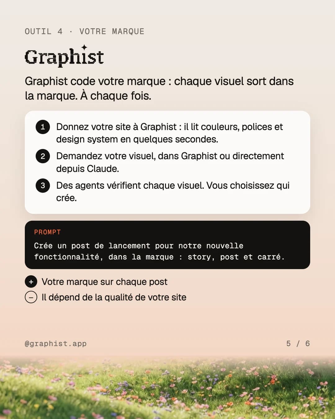 Graphist : votre marque codée, des visuels demandés dans Graphist ou depuis Claude, vérifiés avant livraison.